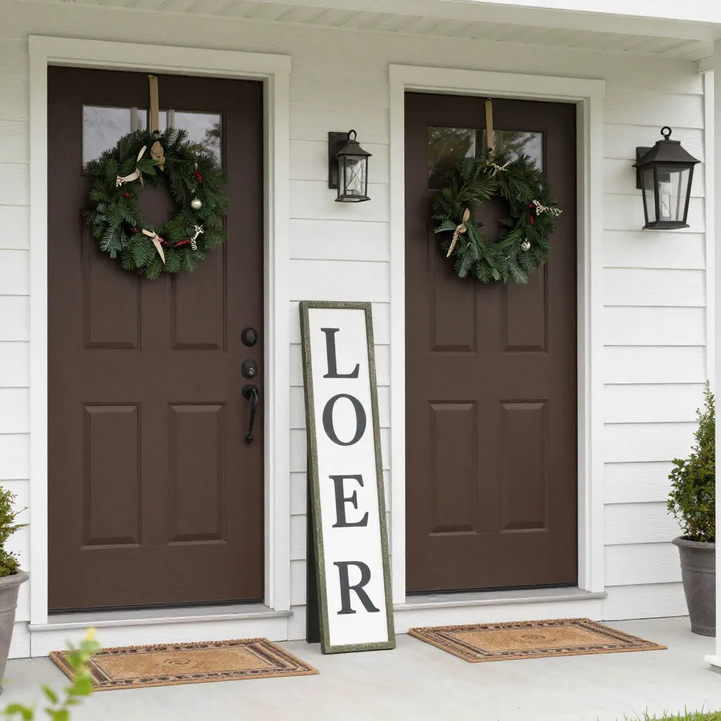 Cozy porch with seasonal decor and leaner sign