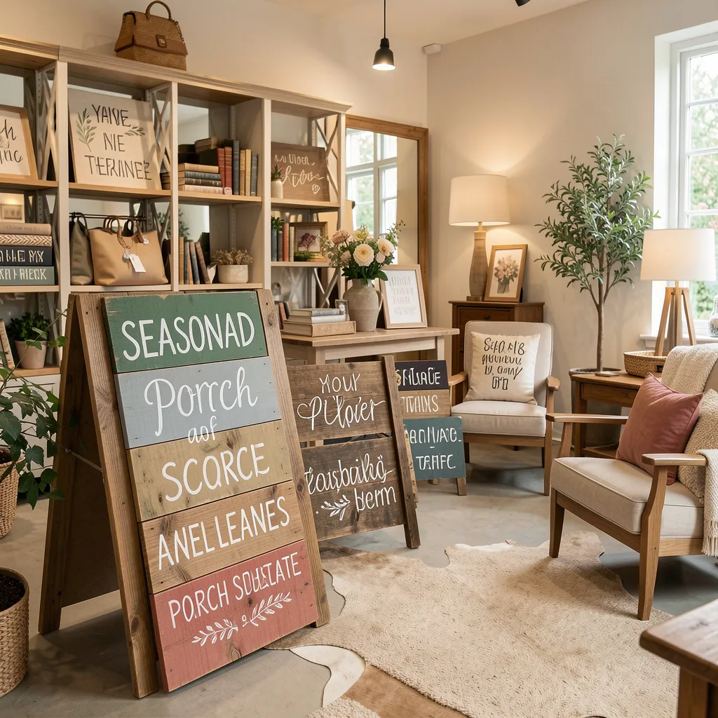 Seasonal wooden leaner signs on display